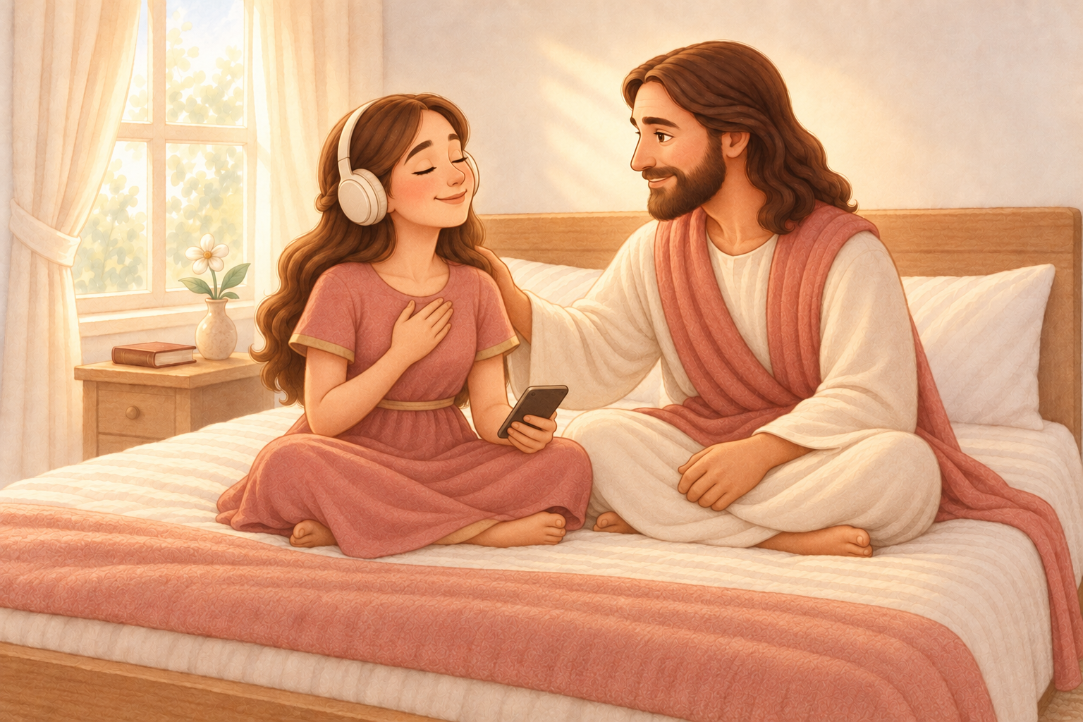Ilustração do Kit de Áudios SOS: uma mulher de fones de ouvido, com a mão no peito, ouvindo um áudio ao lado de Jesus